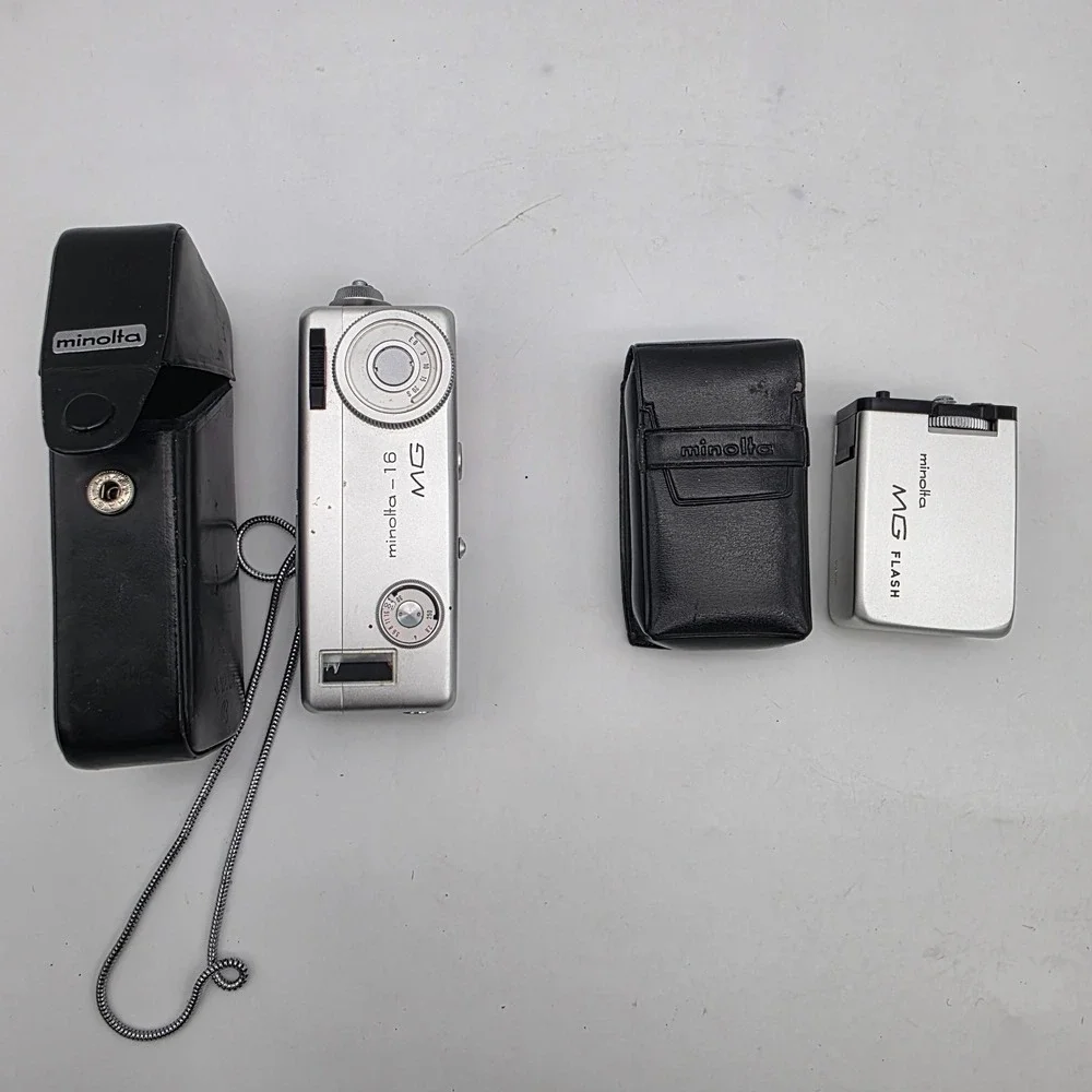 Minolta-16 MG Film Camera and MG Flash Leather Holder Case and Metal Lanyard